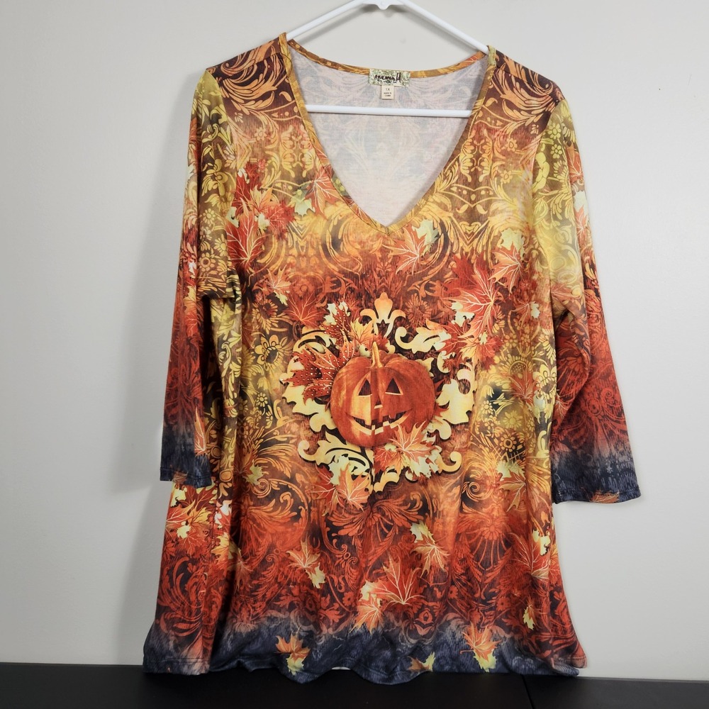 One World Live and Let Live Pumpkin Fall Tunic Top V-Neck 3/4 Sleeve Orange 1X - Picture 1 of 9